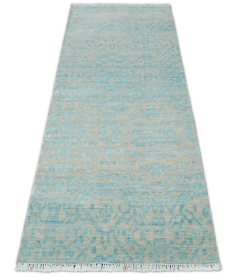 2.6x8 Fine Hand Knotted Camel and Blue Traditional Vintage Persian Style Antique Wool and Silk Rug | AGR26