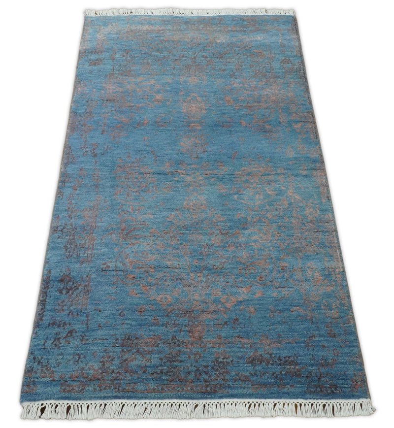 2x4 Fine Hand Knotted Peach and Blue Traditional Vintage Persian Style Antique Wool Rug | AGR25