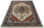 8x8, 8x10, 9x12,10x14 and 12x15 Hand Knotted Ivory and Blue Traditional Heriz Serapi Antique Wool Rug | TRDCP76