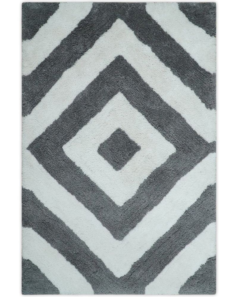 3x5, 4x6 and 5x7 Hand Woven Shag Ivory and Gray Geometrical Pattern Art Silk Soft Viscose Area Rug