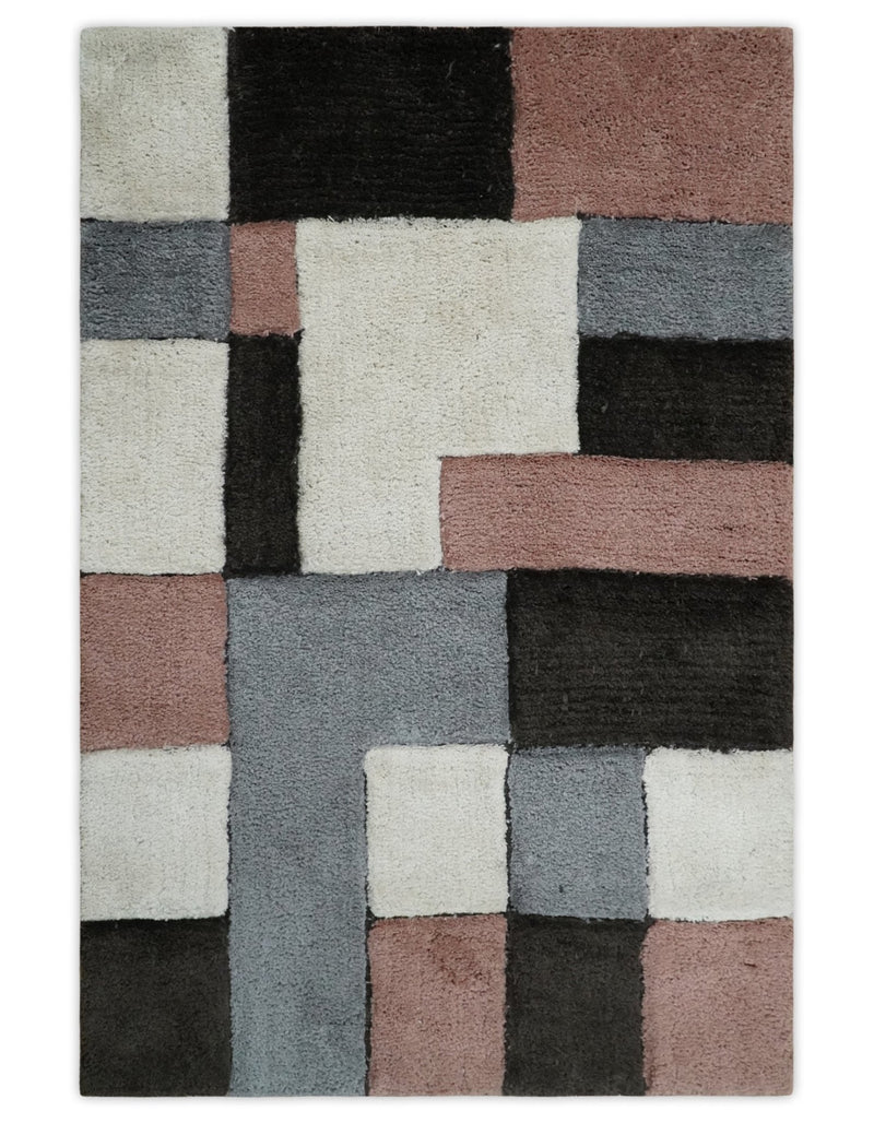 3x5, 4x6 and 5x7 Hand Woven Shag Ivory. Charcoal and Peach Art Silk Soft Viscose Area Rug