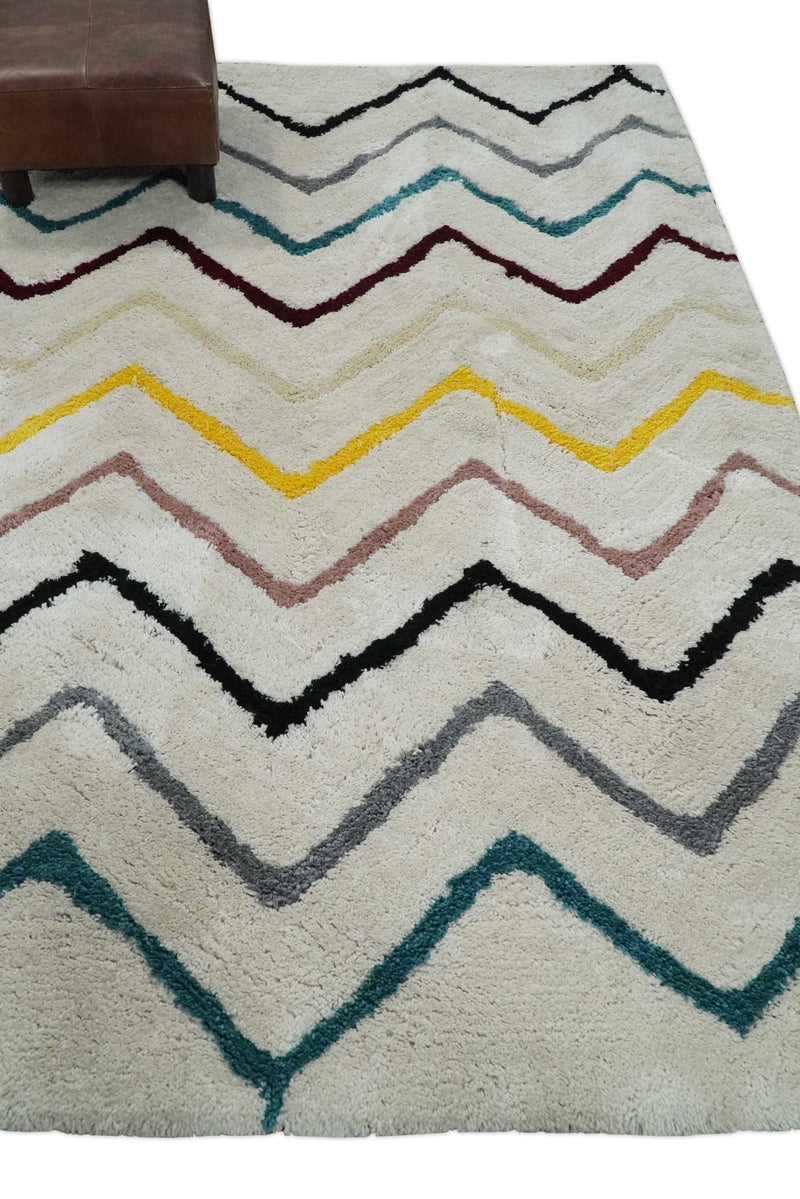 3x5, 4x6 and 5x7 Hand Woven Shag Ivory with multicolor Stripes Art Silk Soft Viscose  Area Rug
