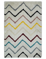 3x5, 4x6 and 5x7 Hand Woven Shag Ivory with multicolor Stripes Art Silk Soft Viscose  Area Rug