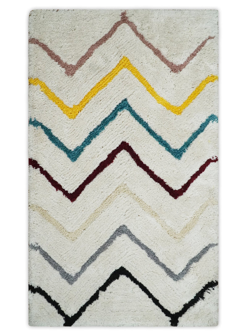 3x5, 4x6 and 5x7 Hand Woven Shag Ivory with multicolor Stripes Art Silk Soft Viscose  Area Rug