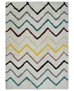 3x5, 4x6 and 5x7 Hand Woven Shag Ivory with multicolor Stripes Art Silk Soft Viscose  Area Rug