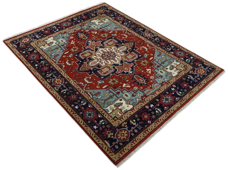 Rust and Blue Hand Knotted Traditional Heriz Serapi Multi Size wool Area Rug