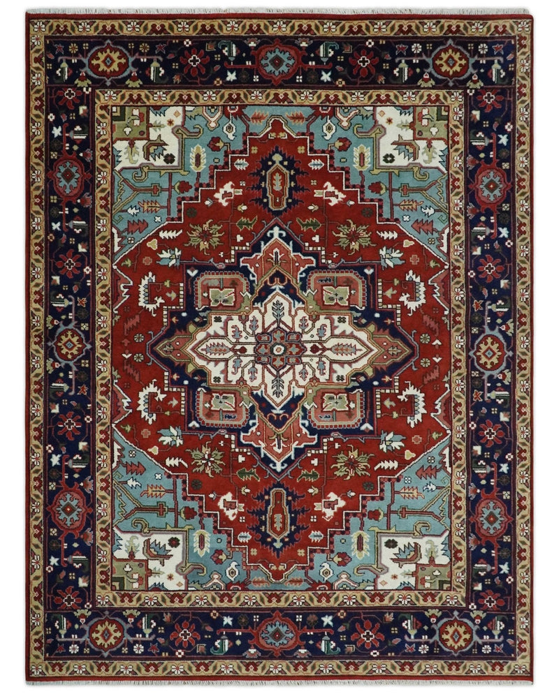 Rust and Blue Hand Knotted Traditional Heriz Serapi Multi Size wool Area Rug