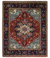 Rust and Blue Hand Knotted Traditional Heriz Serapi Multi Size wool Area Rug