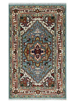 3x5 and 4x6 Mustard, Aqua and Ivory and Brown Traditional Hand knotted wool Area Rug