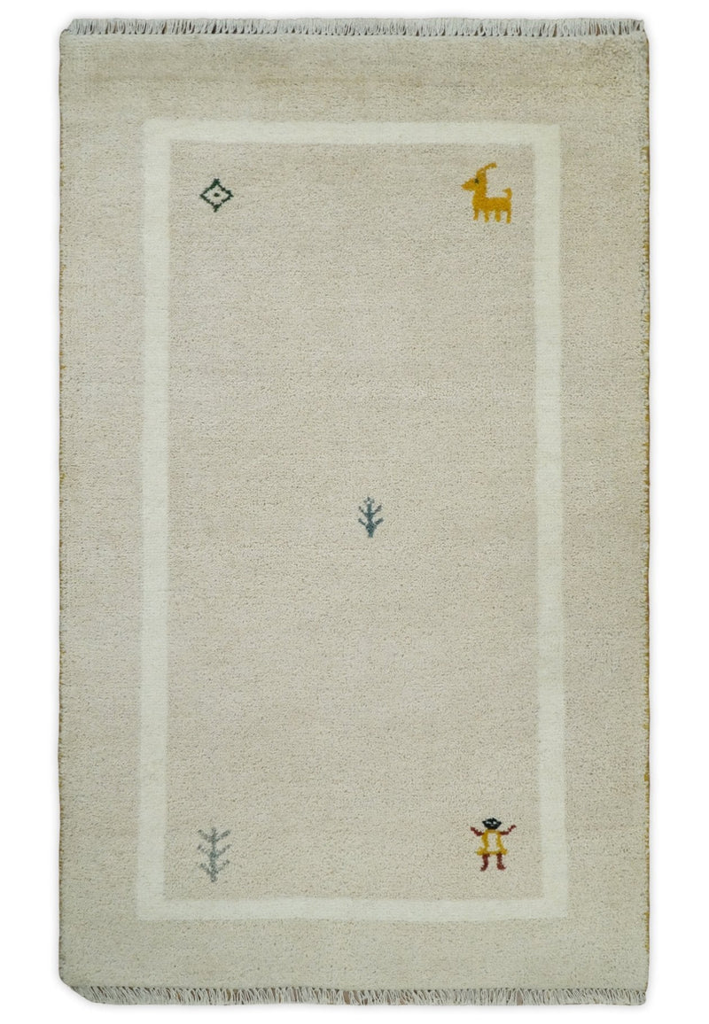 3x5 Beige and Ivory Wool Hand Knotted traditional Vintage Antique Southwestern Tribal Gabbeh | TRDCP38035