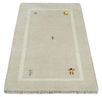 3x5 Beige and Ivory Wool Hand Knotted traditional Vintage Antique Southwestern Tribal Gabbeh | TRDCP38035