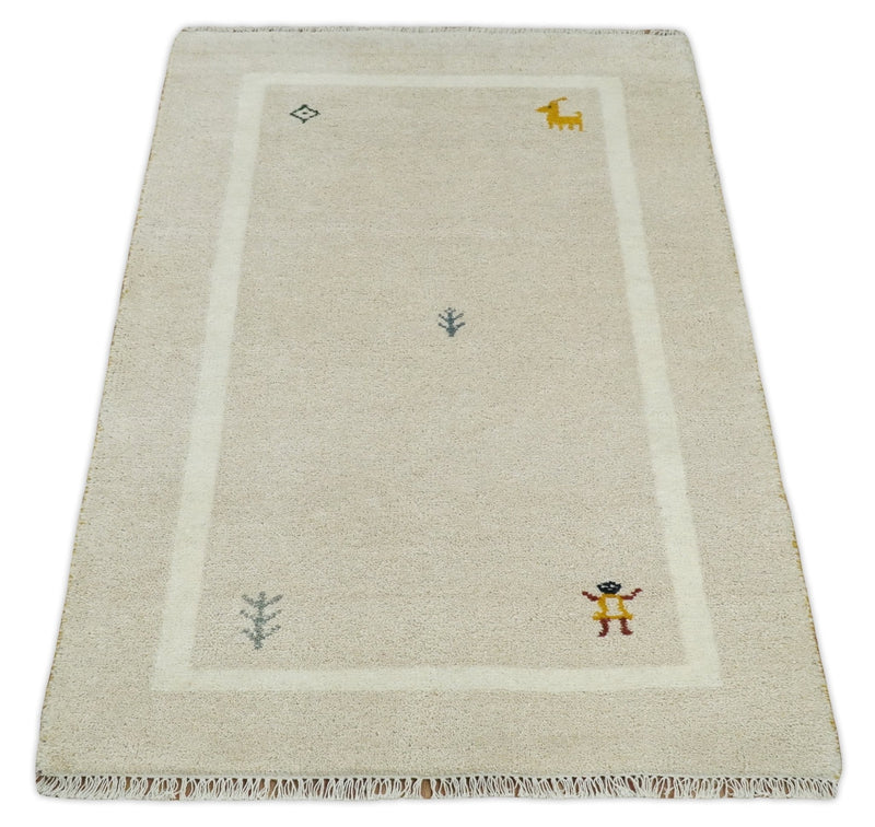 3x5 Beige and Ivory Wool Hand Knotted traditional Vintage Antique Southwestern Tribal Gabbeh | TRDCP38035