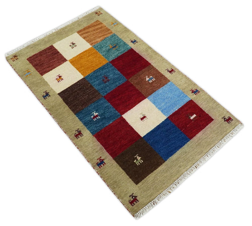 3x5 Blue and Brown Wool Hand Knotted traditional Vintage Antique Southwestern Gabbeh, Entryway rug | TRDCP37635