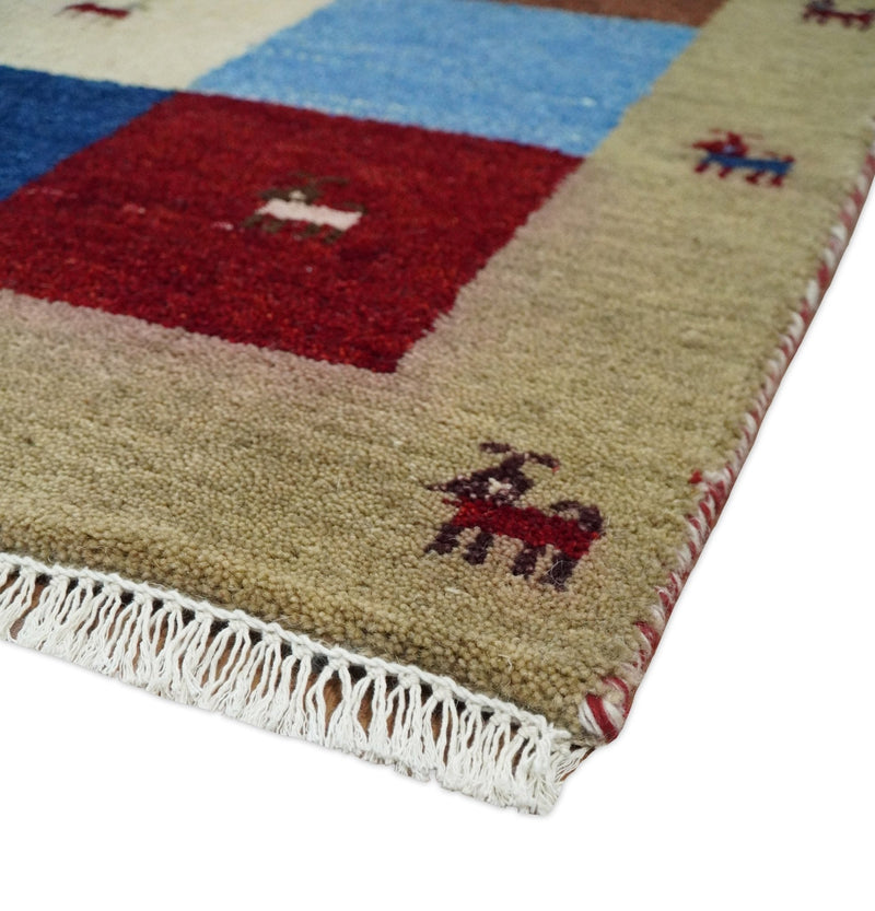 3x5 Blue and Brown Wool Hand Knotted traditional Vintage Antique Southwestern Gabbeh, Entryway rug | TRDCP37635