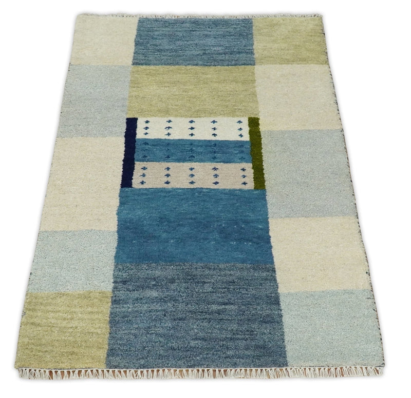 3x5 Blue and Ivory Wool Hand Knotted traditional Vintage Antique Southwestern Gabbeh | TRDCP34835