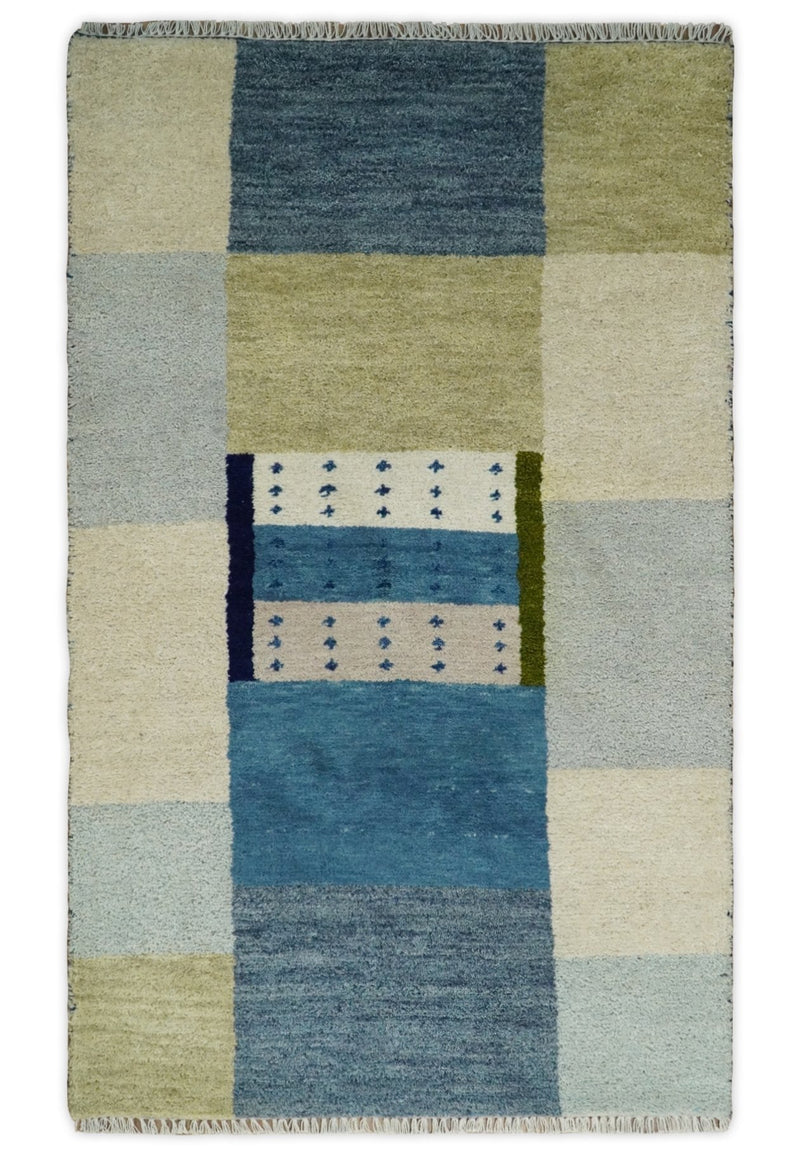 3x5 Blue and Ivory Wool Hand Knotted traditional Vintage Antique Southwestern Gabbeh | TRDCP34835