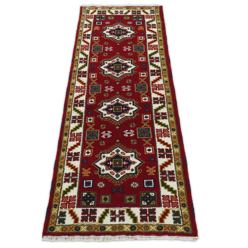 3x8 Runner Hand Knotted traditional Kazak Rust and Ivory Armenian Rug | KZA23