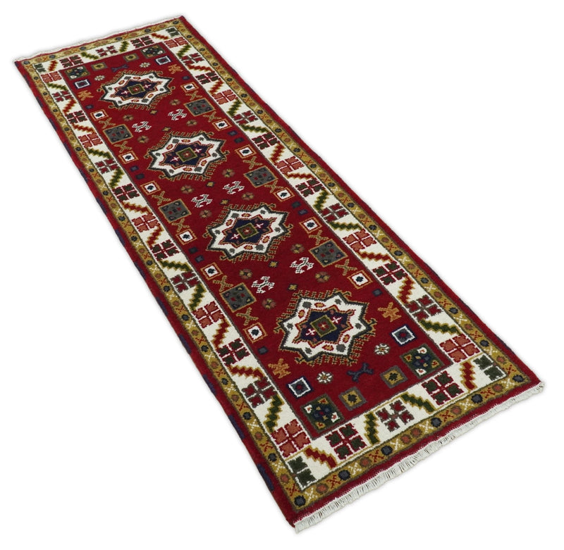 3x8 Runner Hand Knotted traditional Kazak Rust and Ivory Armenian Rug | KZA23