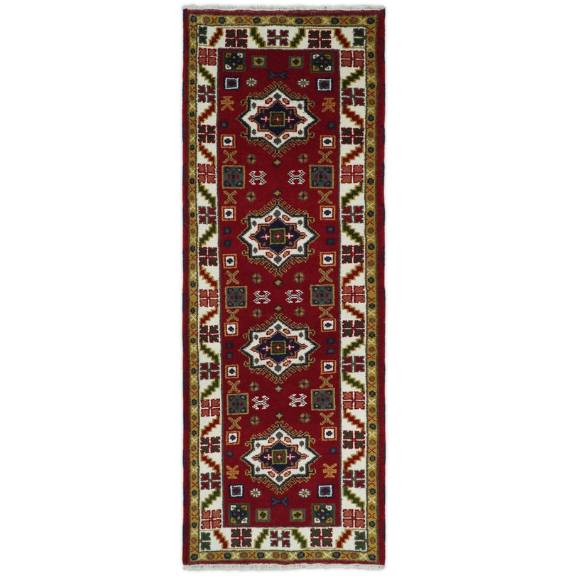 3x8 Runner Hand Knotted traditional Kazak Rust and Ivory Armenian Rug | KZA23