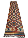 Hand-Knotted Afghan Kilim Wool Runner Rug – 2’8” x 12’4” – Vintage Full Geometric Design