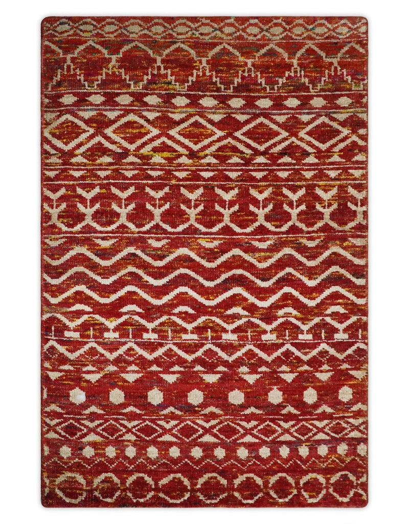 4x6 and 8x10 Hand Knotted Rust, Gold and White Modern Contemporary Southwestern Tribal Trellis Recycled Silk Area Rug | OP5
