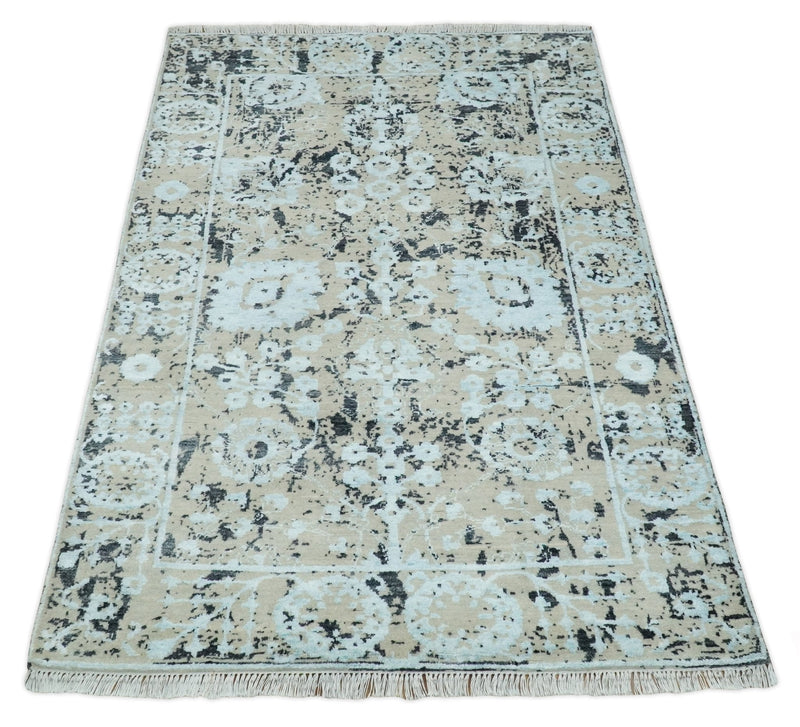 4x6 Fine Hand Knotted Camel and Black Traditional Vintage Persian Style Antique Wool and Bamboo Silk Rug | AGR10