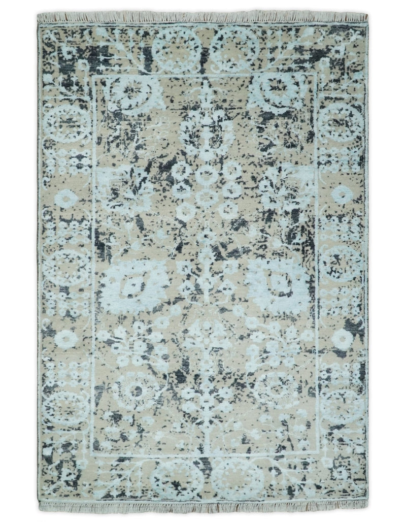 4x6 Fine Hand Knotted Camel and Black Traditional Vintage Persian Style Antique Wool and Bamboo Silk Rug | AGR10