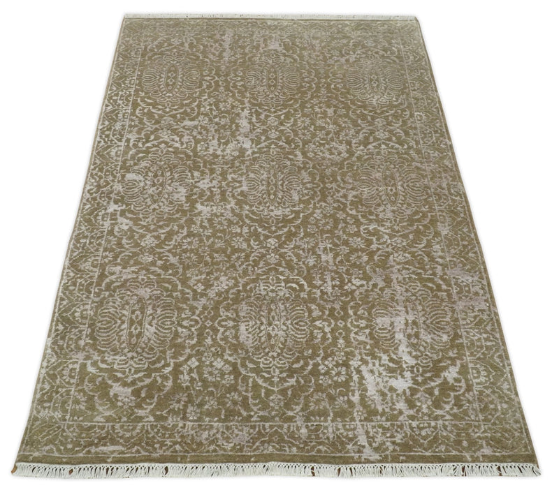 4x6 Fine Hand Knotted Cooper and Silver Traditional Vintage Persian Style Antique Wool and SIlk Rug | AGR16