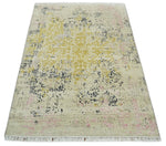 4x6 Fine Hand Knotted Gold, Gray and Ivory Modern Abstract Wool and SIlk Area Rug | AGR17