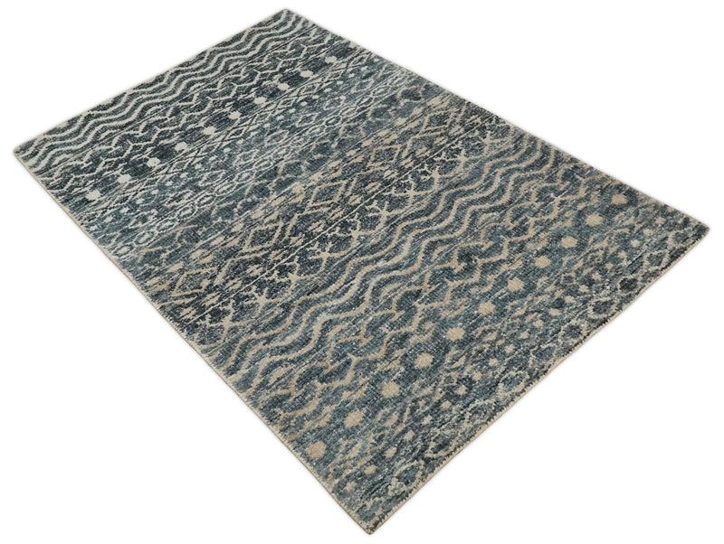 4x6 Hand Knotted Ivory, Camel and Blue Modern Contemporary Southwestern Tribal Trellis Recycled Silk Area Rug | OP55