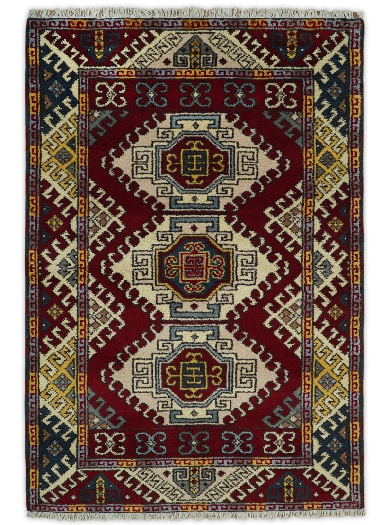 4x6 Hand Knotted traditional Kazak Ivory and Rust Traditional Tribal Armenian Rug | KZA9