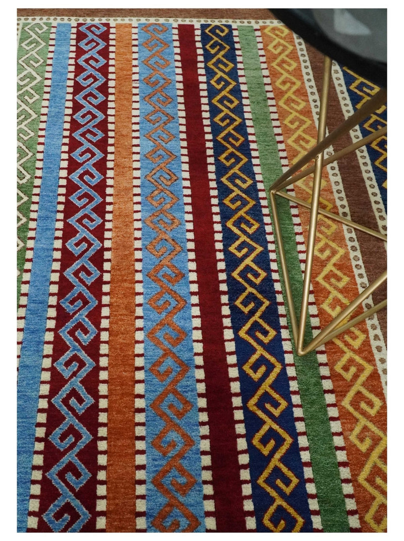 4x6 Multi-colour Striped Wool Hand Woven Southwestern Gabbeh Rug | KNT16