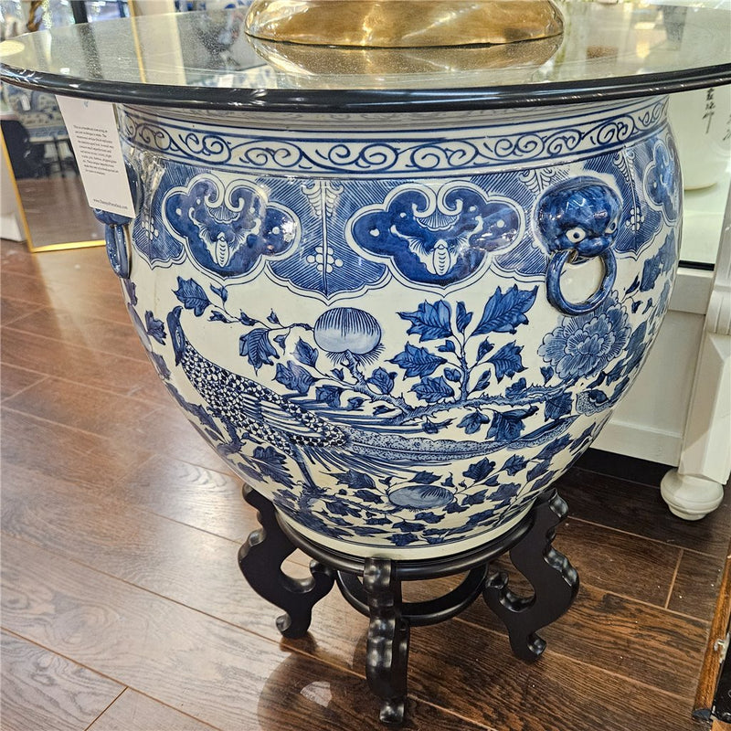 Lovecup Large Round Porcelain Fishbowl with Blue And White Bird L142