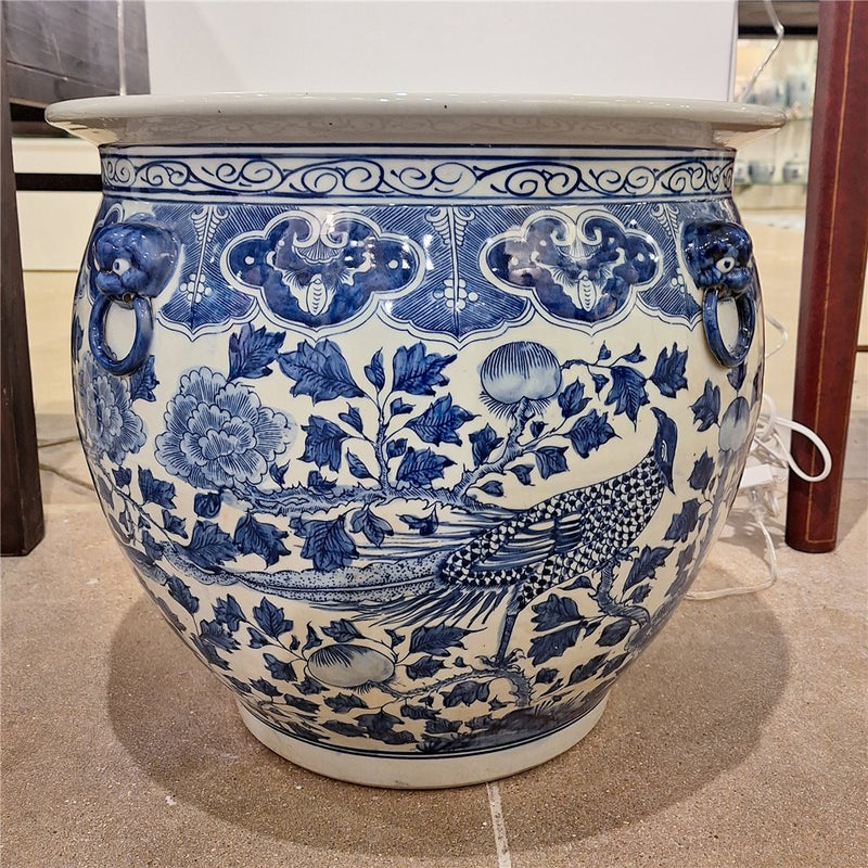 Lovecup Large Round Porcelain Fishbowl with Blue And White Bird L142