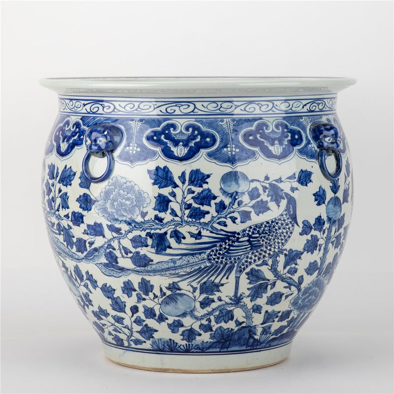 Lovecup Large Round Porcelain Fishbowl with Blue And White Bird L142
