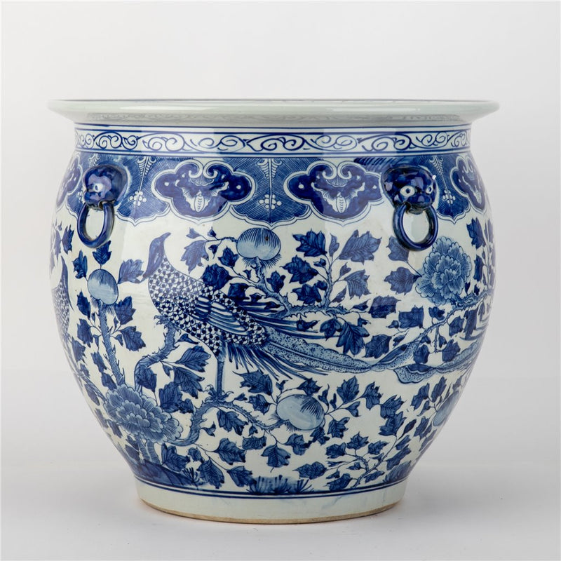 Lovecup Large Round Porcelain Fishbowl with Blue And White Bird L142