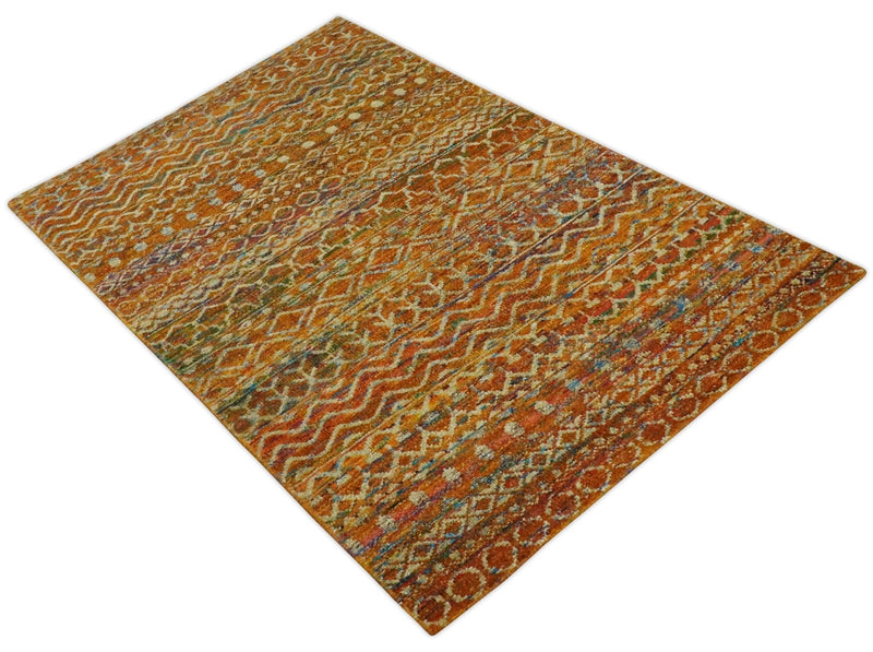 5.6x8.7 Hand Knotted Rust and Beige Modern Contemporary Southwestern Tribal Trellis Recycled wool Area Rug