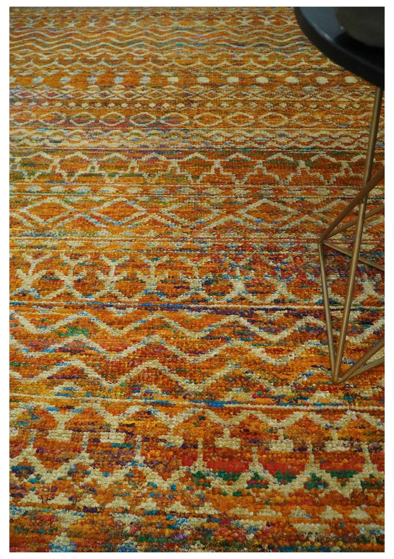 5.6x8.7 Hand Knotted Rust and Beige Modern Contemporary Southwestern Tribal Trellis Recycled wool Area Rug