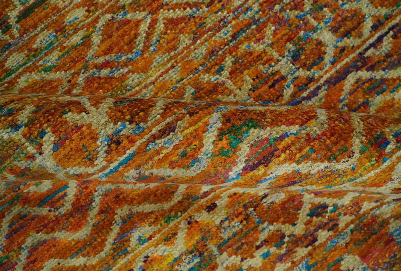 5.6x8.7 Hand Knotted Rust and Beige Modern Contemporary Southwestern Tribal Trellis Recycled wool Area Rug