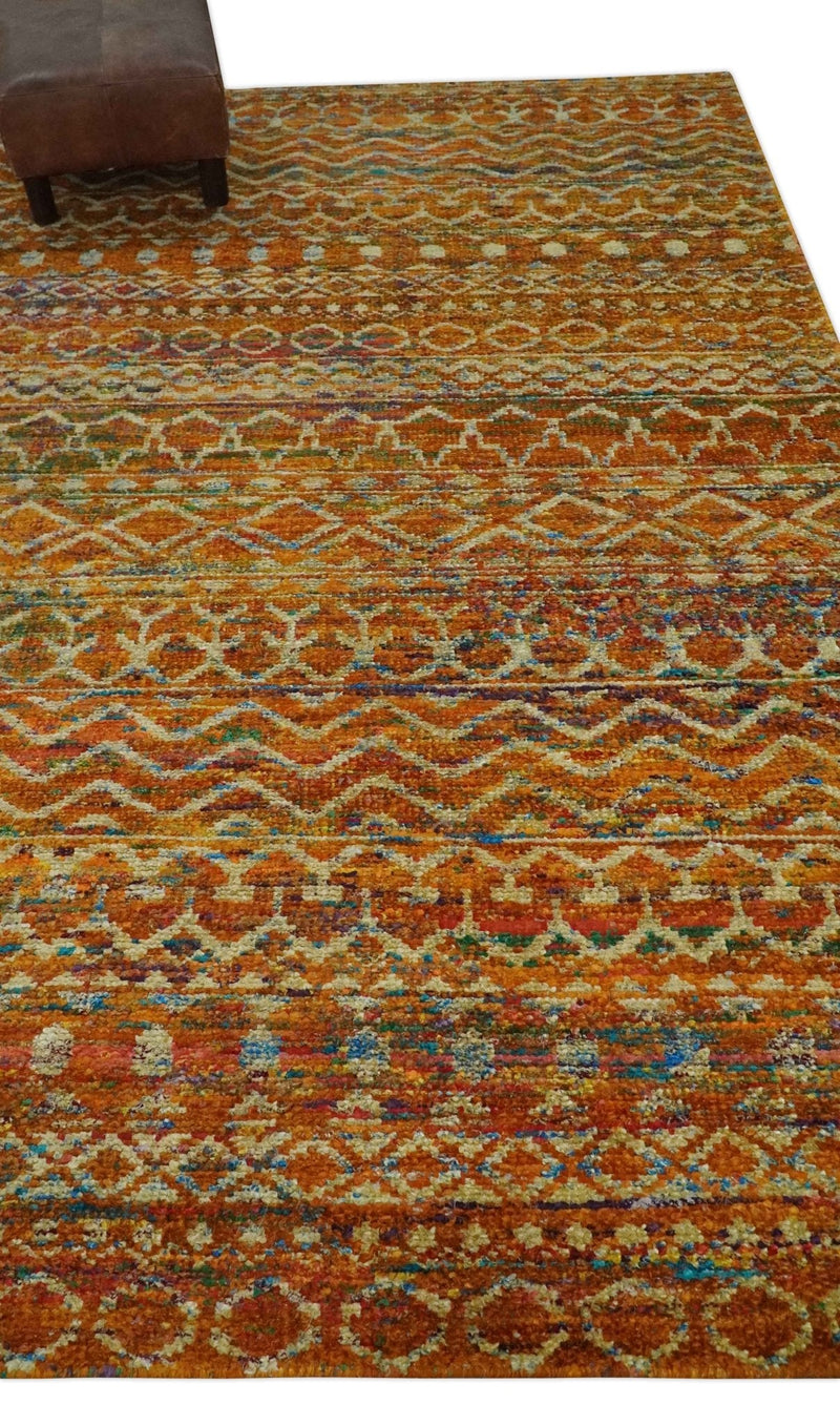 5.6x8.7 Hand Knotted Rust and Beige Modern Contemporary Southwestern Tribal Trellis Recycled wool Area Rug