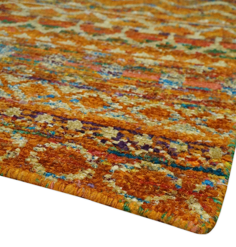 5.6x8.7 Hand Knotted Rust and Beige Modern Contemporary Southwestern Tribal Trellis Recycled wool Area Rug