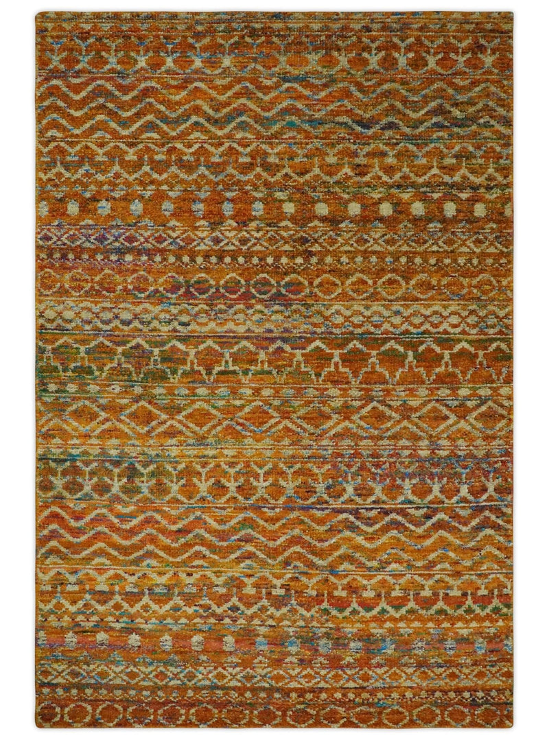 5.6x8.7 Hand Knotted Rust and Beige Modern Contemporary Southwestern Tribal Trellis Recycled wool Area Rug