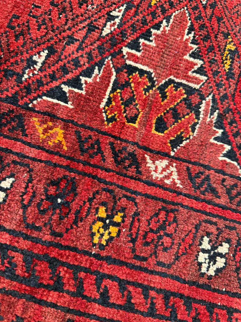 Hand-Knotted Afghan Turkoman Waziri Wool Rug – 6'9" x 9'6" – Vintage Red Elegance