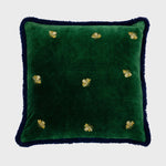 Embroidered bee fringe pillow, hunter green cotton velvet