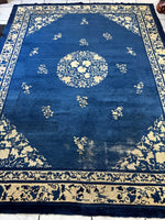 Hand-Knotted Antique Chinese Peking Wool Rug – 9’ x 11’5” – Distressed Blue, 19th Century
