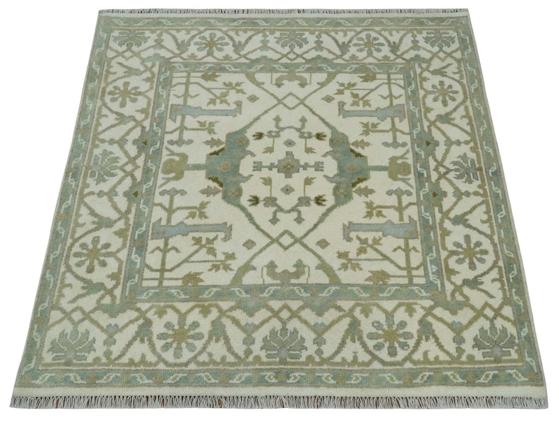 5x5 Square Hand Knotted Oriental Oushak Ivory and Blue Wool Area Rug | TRDCP151255SS