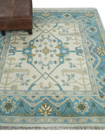 5x5 Square Hand Knotted Oriental Oushak Ivory, Aqua and Beige Wool Area Rug | TRDCP152955SS