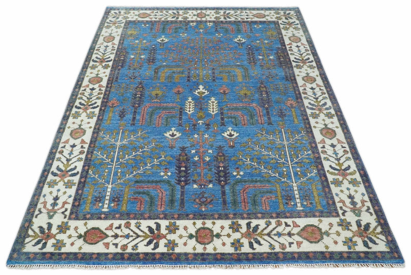 Tree of life Traditional Hand Knotted Blue and Ivory Multi Size Wool area Rug