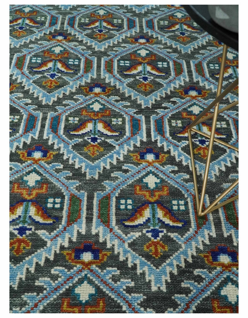 Charcoal, Blue and Ivory Traditional Hand Knotted Multi Size Wool area Rug