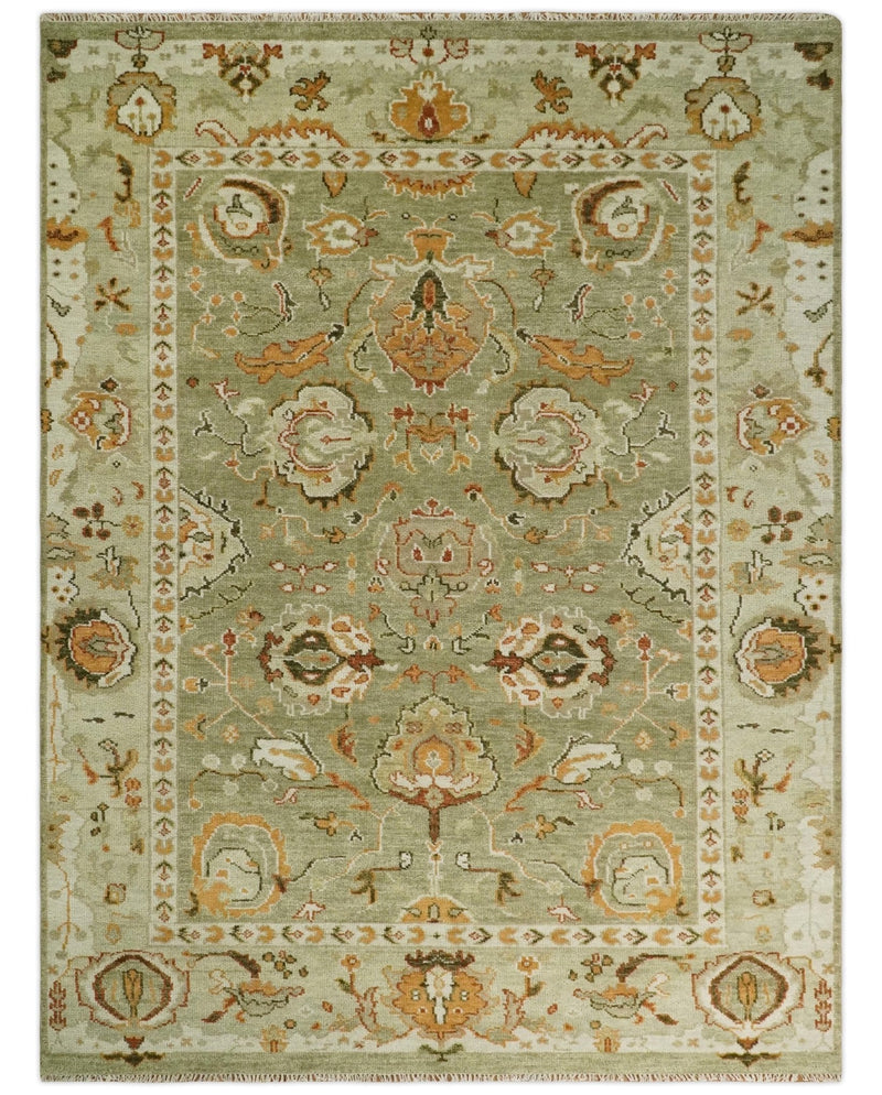 Custom Made Hand Knotted Green and beige Traditional Vintage Style Antique Wool Rug